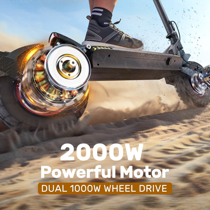 A powerful electric scooter ix7pro with dual 1000W wheel drive is shown speeding across sandy terrain, kicking up dust. The close-up view highlights the dynamic motion of the wheels and the rider's sneakers.