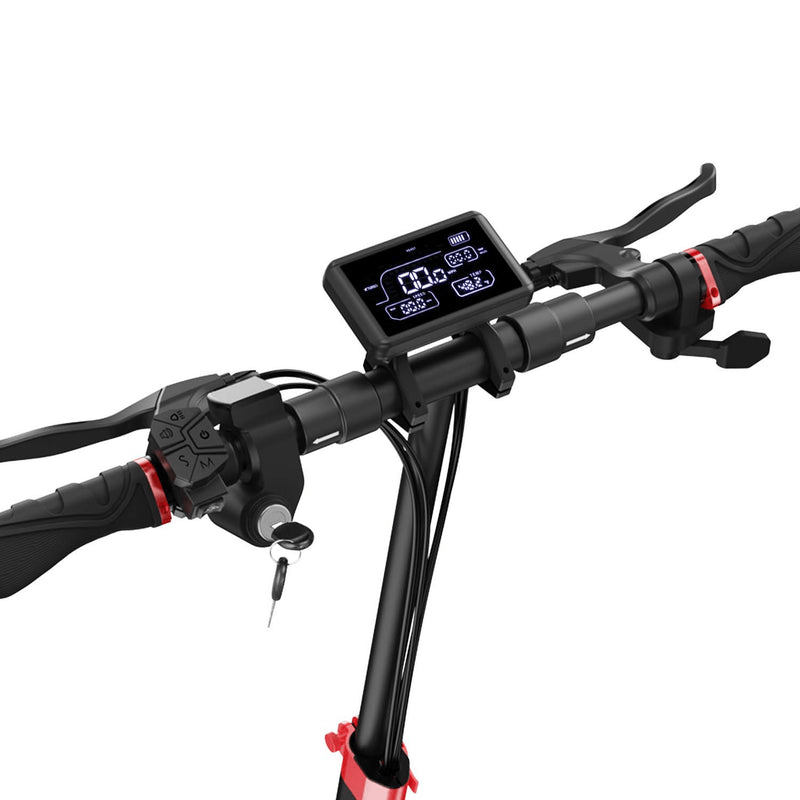 iX4 electric scooter with LED display showing speed, mileage, and battery level for safe riding.