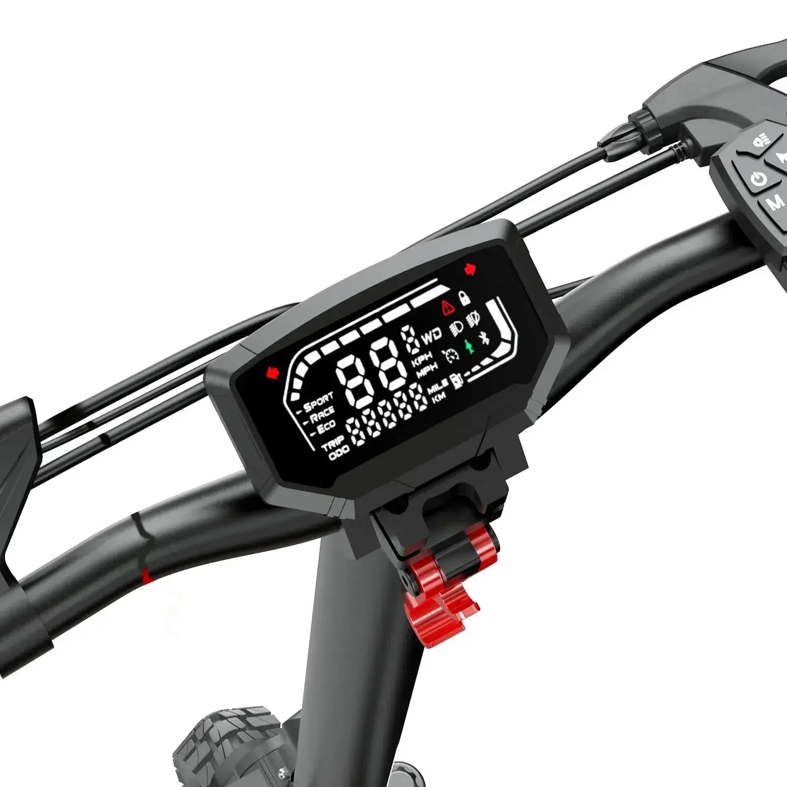 A digital display on an GT1 electric scooter's handlebars shows speed, mode options like Sport and Eco, and distance metrics. The sleek black design features prominent red buttons and a clear, illuminated screen.