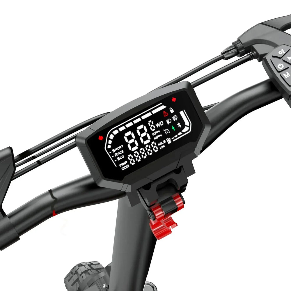 A digital display on an GT1 electric scooter's handlebars shows speed, mode options like Sport and Eco, and distance metrics. The sleek black design features prominent red buttons and a clear, illuminated screen.
