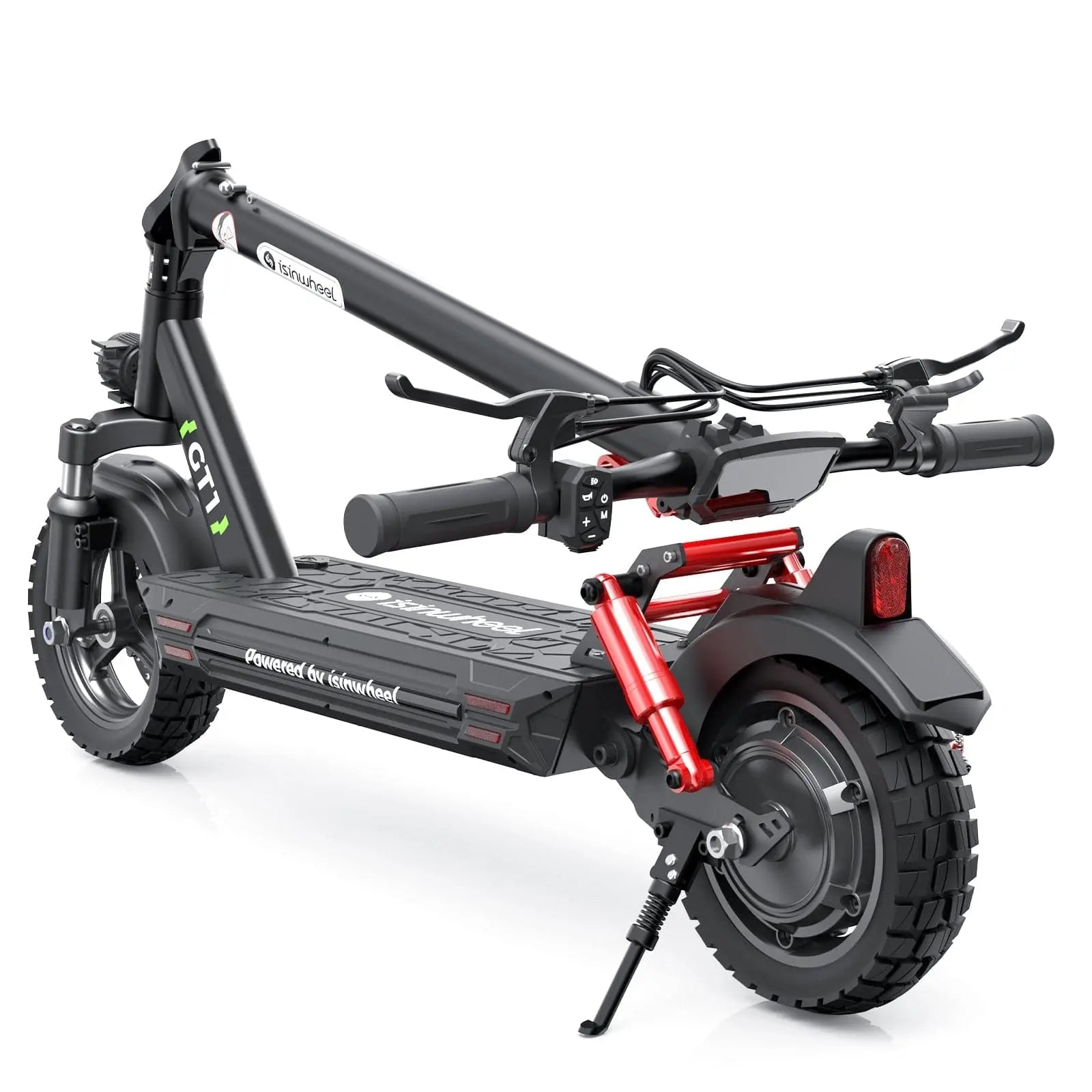 A sleek black and red GT1 electric scooter is shown in a folded position, featuring thick tires and a sturdy kickstand. The handlebar is equipped with controls, and the deck displays the brand name "isinwheel".