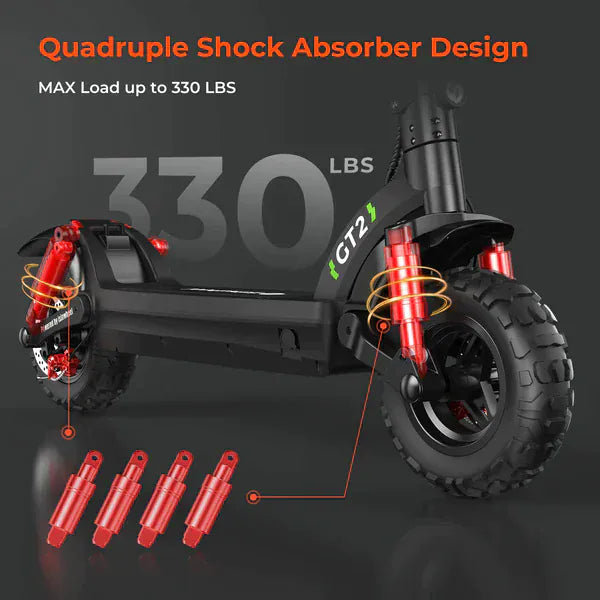 Close-up of an electric scooter GT2 with 11-inch off-road tires, featuring a bright headlight. The background shows three types of terrain: a stone road, a mountain path, and a city road, highlighting the tire's versatility. Below, a comparison of tire sizes (11-inch, 10-inch, 8-inch) is displayed.