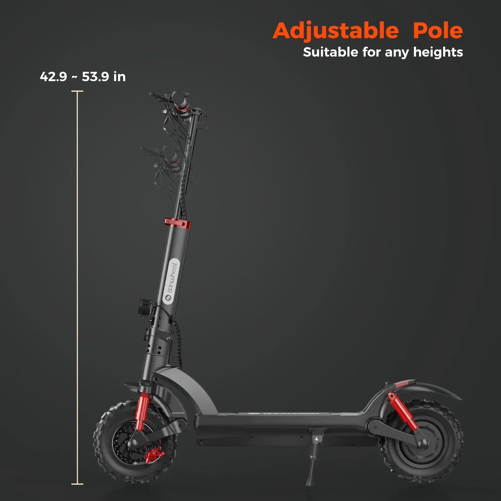 A sleek electric scooter GT2 with an adjustable pole is shown, featuring a black and red design. The pole height ranges from 42.9 to 53.9 inches, making it suitable for various heights. The scooter has rugged tires and a sturdy frame, set against a dark background.