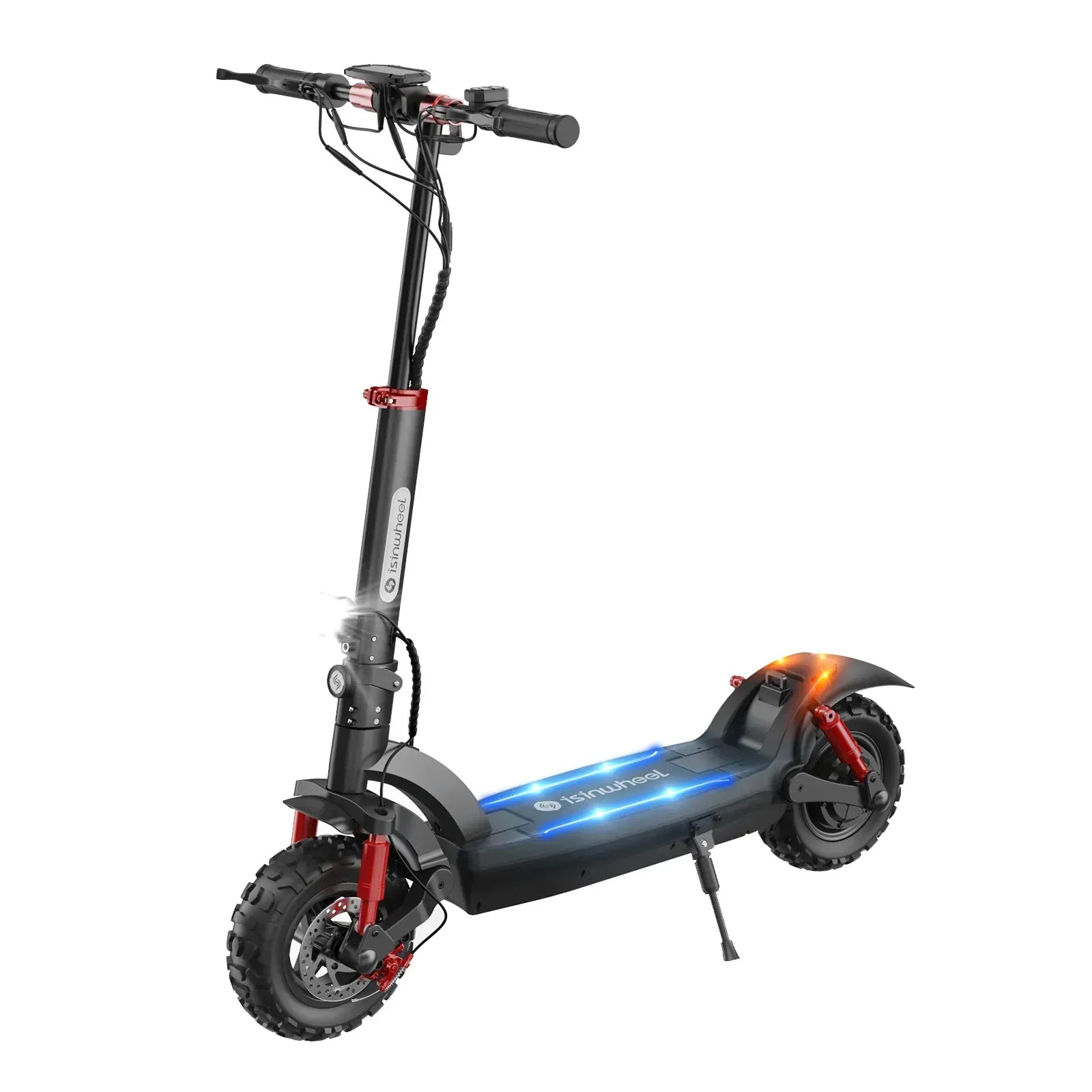A sleek electric scooter GT2 with a sturdy black frame, featuring red accents and chunky tires. The scooter has a wide deck illuminated with blue lights, and a stand is visible on the side.