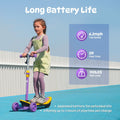 A young girl rides a colorful scooter minispider with purple and yellow accents on a bright blue path, showcasing features like a top speed of 6.2 mph, 2-hour playtime, and a max load of 110 lbs.