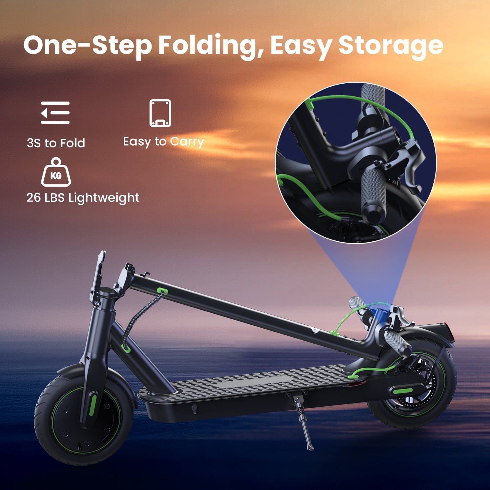 A sleek black s9pro electric scooter is folded on the ground against a sunset backdrop, highlighting its compact design. The image emphasizes features like a 3-second folding time, easy portability, and a lightweight build of 26 pounds, with a close-up of the folding mechanism.