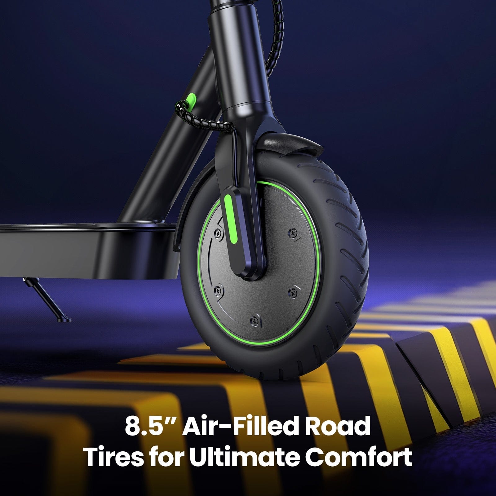 A close-up of an s9pro electric scooter's front wheel with 8.5-inch air-filled tires, featuring sleek black and green accents, positioned on a striped speed bump against a dark background.