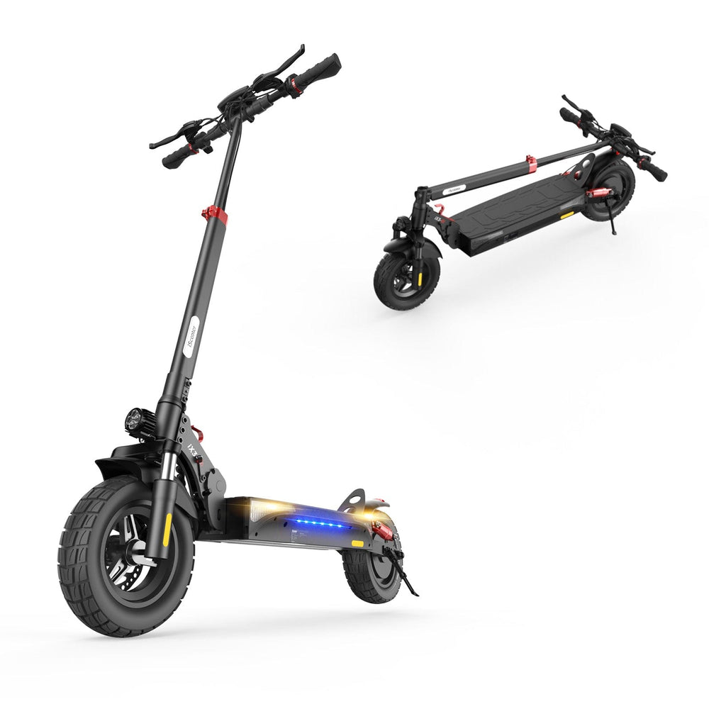 A sleek black electric scooter is shown in two positions: upright and folded. The scooter features thick tires, a sturdy frame, and a blue LED light strip along the side.