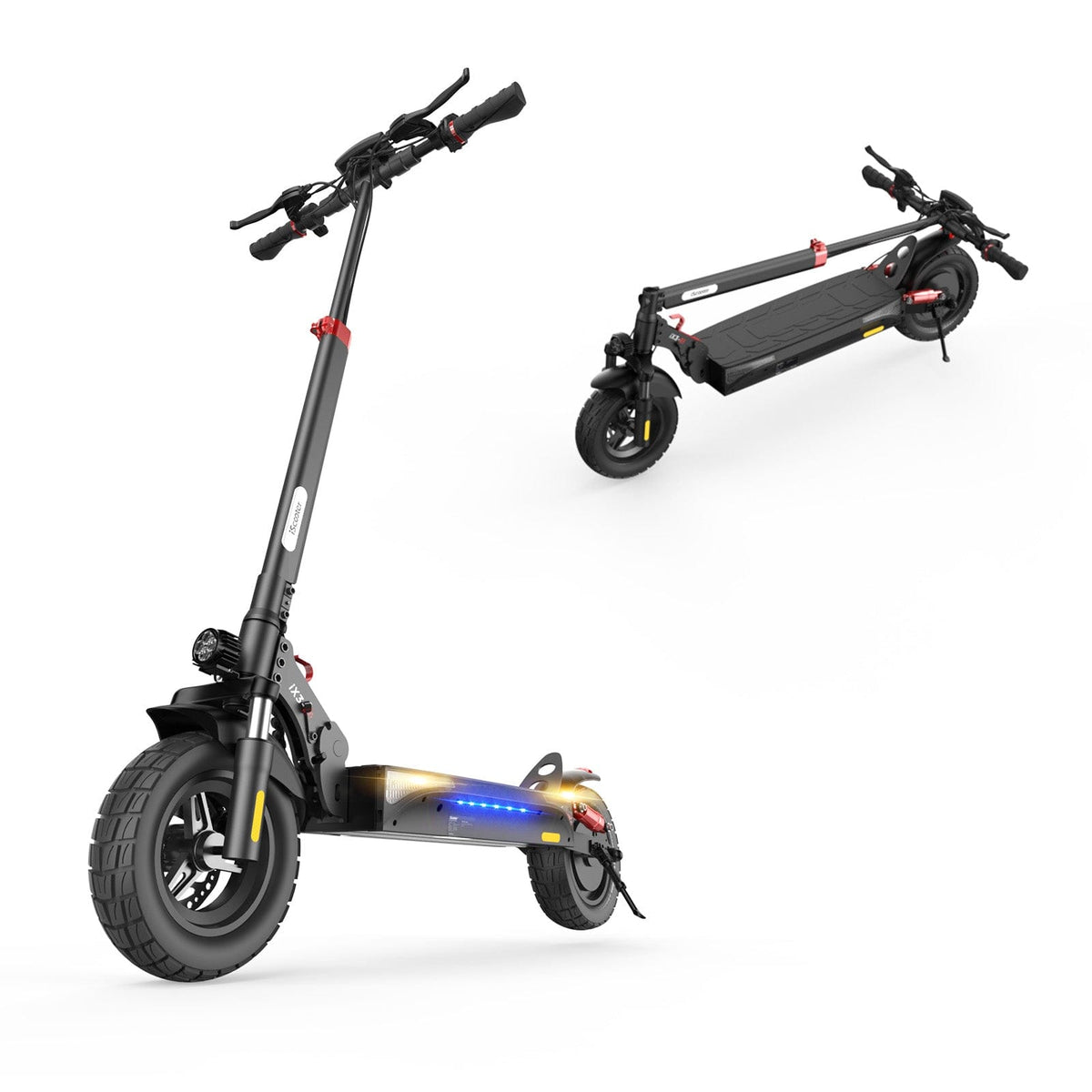 A sleek black electric scooter is shown in two positions: upright and folded. The scooter features thick tires, a sturdy frame, and a blue LED light strip along the side.