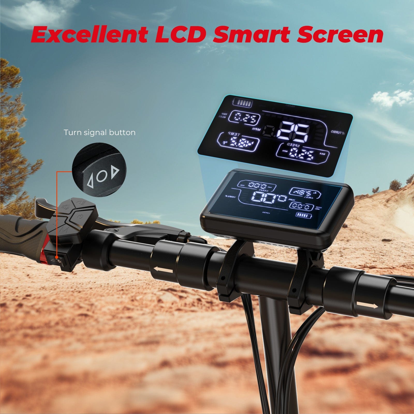 A bicycle handlebar with a sleek LCD smart screen displaying speed and other metrics, set against a rugged outdoor backdrop. A close-up inset shows a turn signal button with directional arrows.