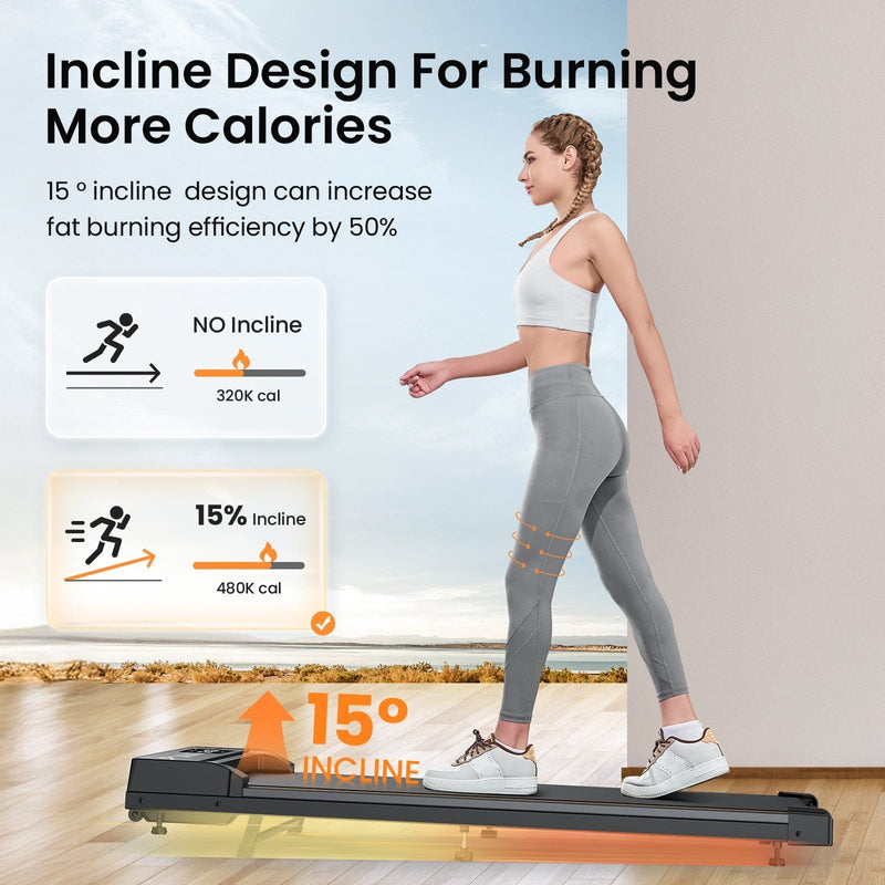 A woman in athletic wear walks on a treadmill JT31 set to a 15-degree incline, illustrating increased calorie burn. The image highlights a comparison chart showing 320 calories burned without incline and 480 calories with a 15% incline, emphasizing enhanced fat-burning efficiency.