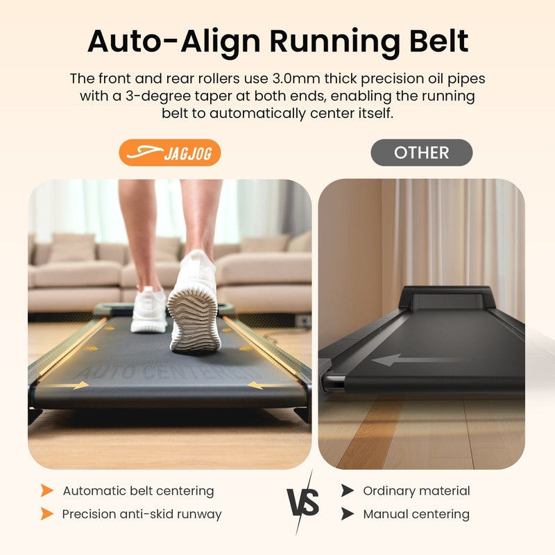 A comparison of two treadmill JT31 belts: the left shows a person walking on a JAGJOG treadmill with an auto-aligning belt featuring a precision anti-skid runway, while the right displays a standard treadmill with manual centering on a wooden floor.