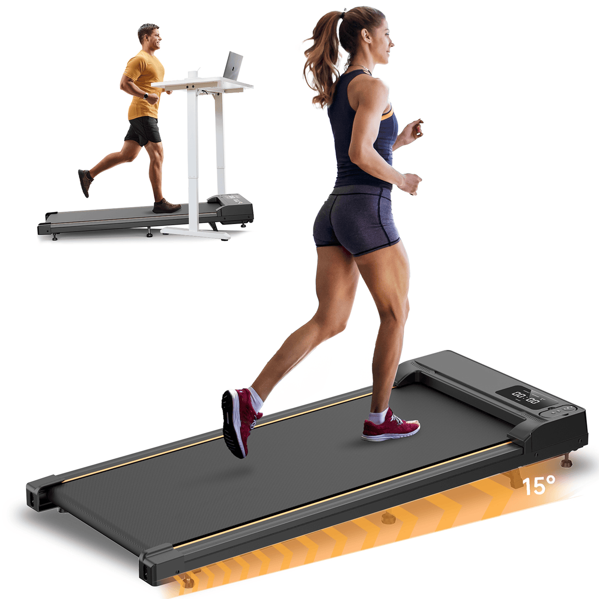 A woman in athletic wear jogs on a treadmill JT31 with a 15-degree incline, while a man in the background uses a similar treadmill with a standing desk setup.