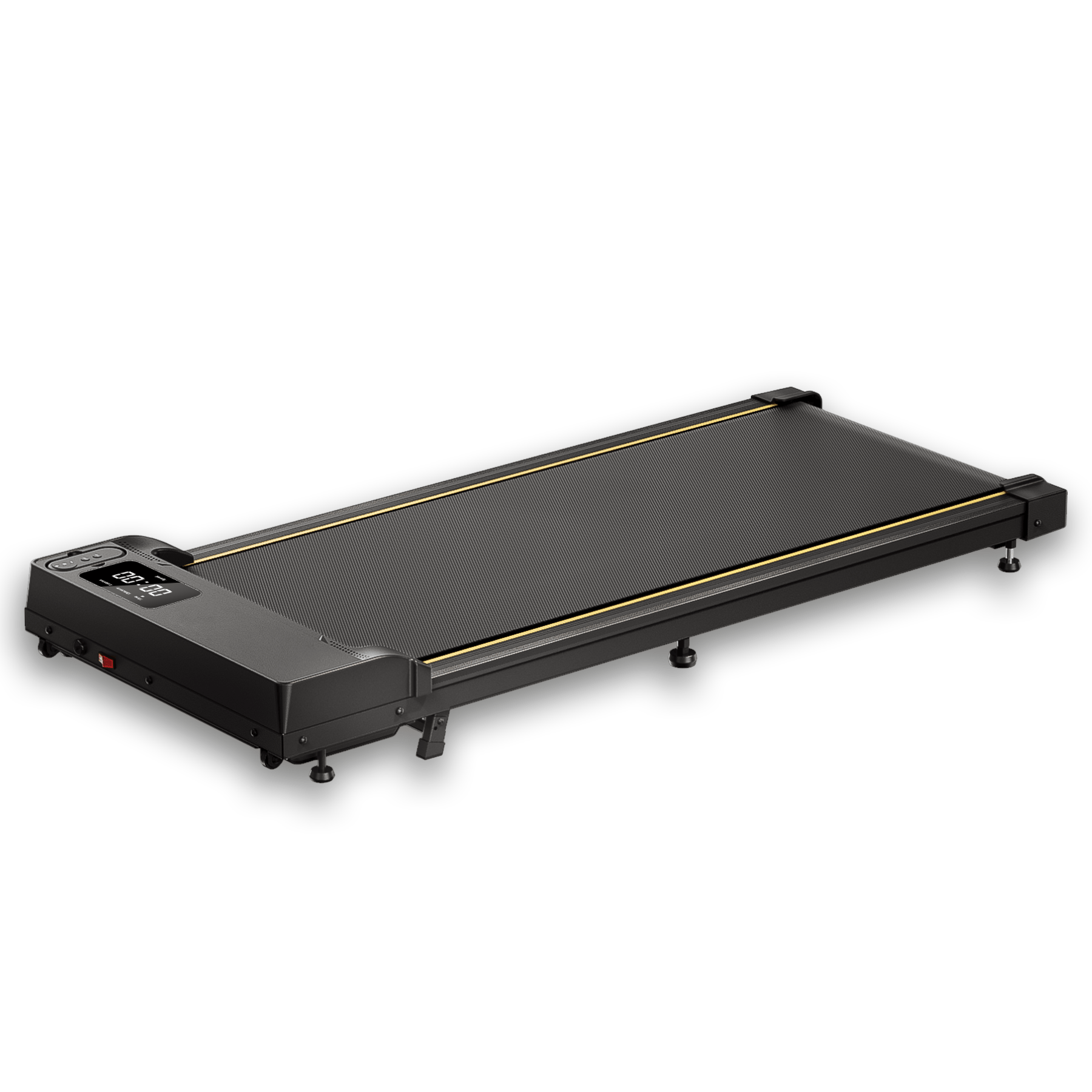 A sleek black treadmill JT31 with a digital display and yellow accents is shown on a white background, featuring a compact and minimalist design ideal for home use.