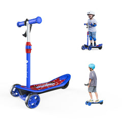 A vibrant blue children's scooter minispider with a Spider-Man design on the deck is shown prominently. Two children wearing helmets and knee pads are riding similar scooters, one in a white helmet and the other in a blue helmet, demonstrating safe play.