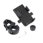 Black bike mount kit with phone holder, clamp, and screw on a white background
