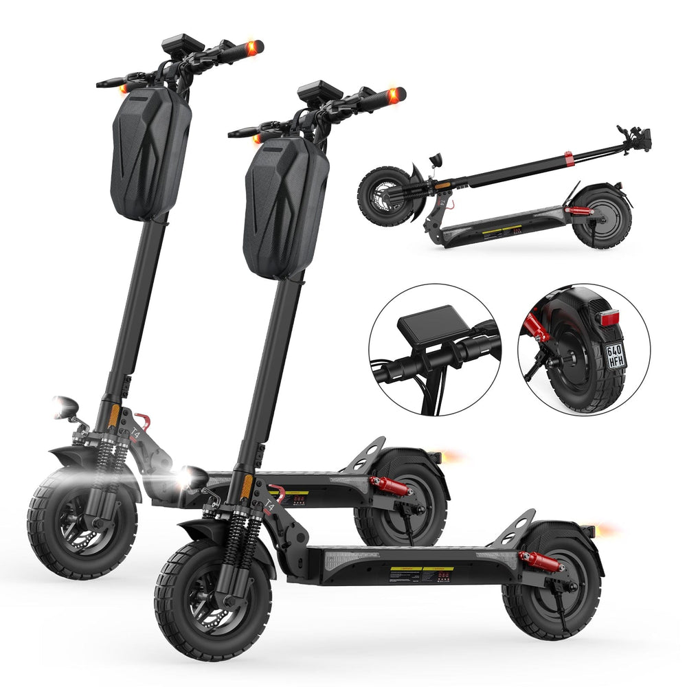 Foldable T4 500W Electric Scooter with dual suspension, 150KG max load capacity, 10-inch pneumatic off-road tires, built for city and outdoor travel.