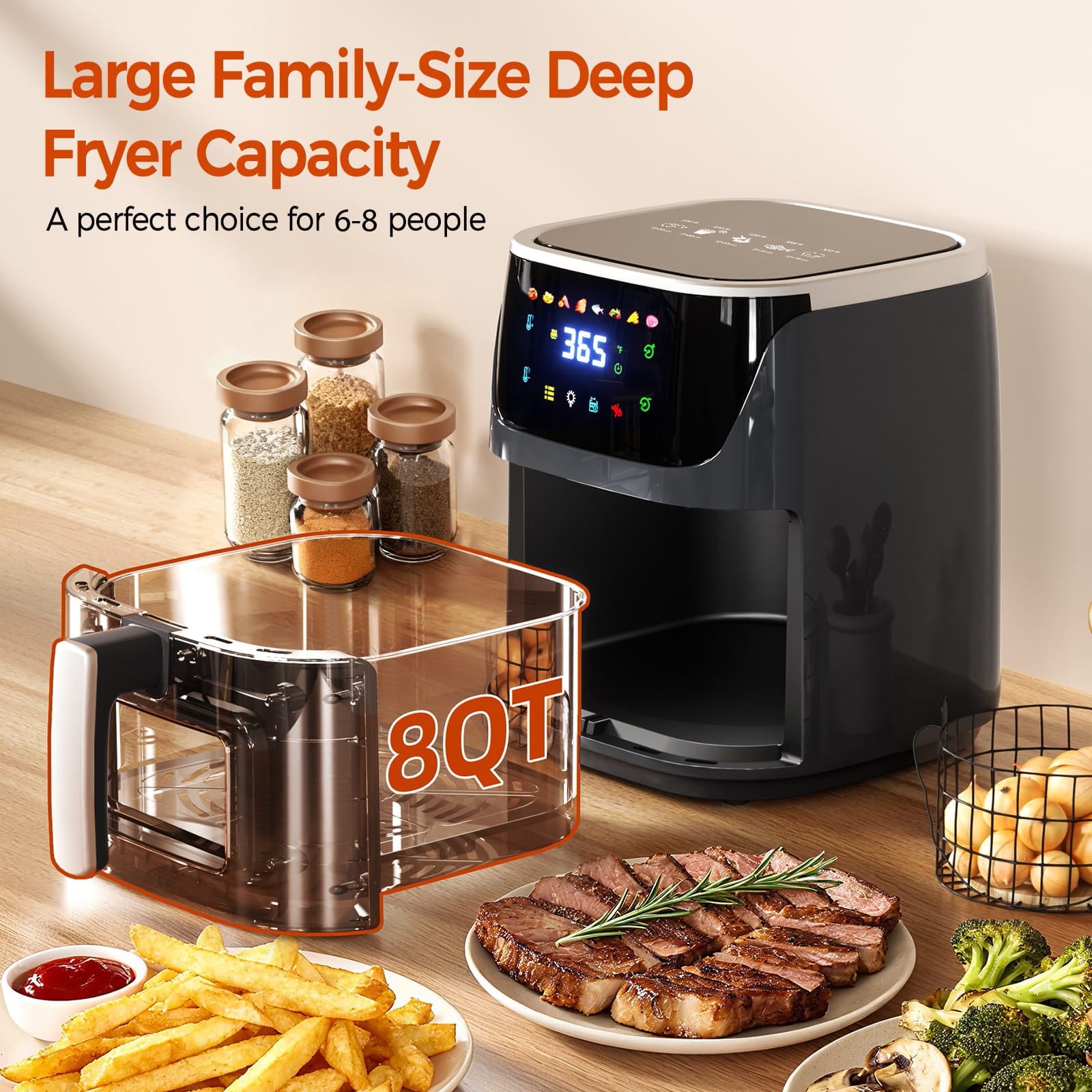Patbrela Air Fryer 7.5L Oil-Free Air Fryer, 1500W, 8 Pre-Programs with Transparent Window, LED Touchscreen, Max 200°C