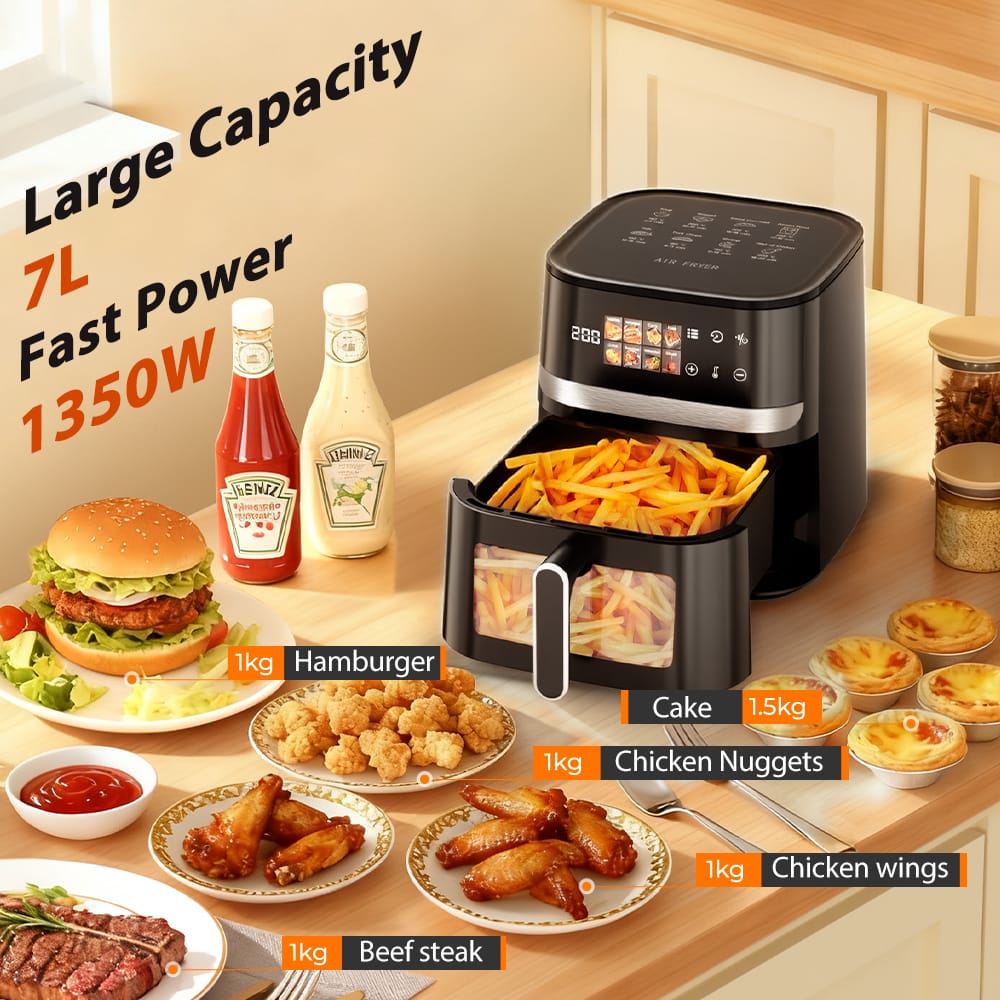 Patbrela Air Fryer Air fryer, 7L capacity, 8 programs, up to 85% less fat, cooking window, touchscreen