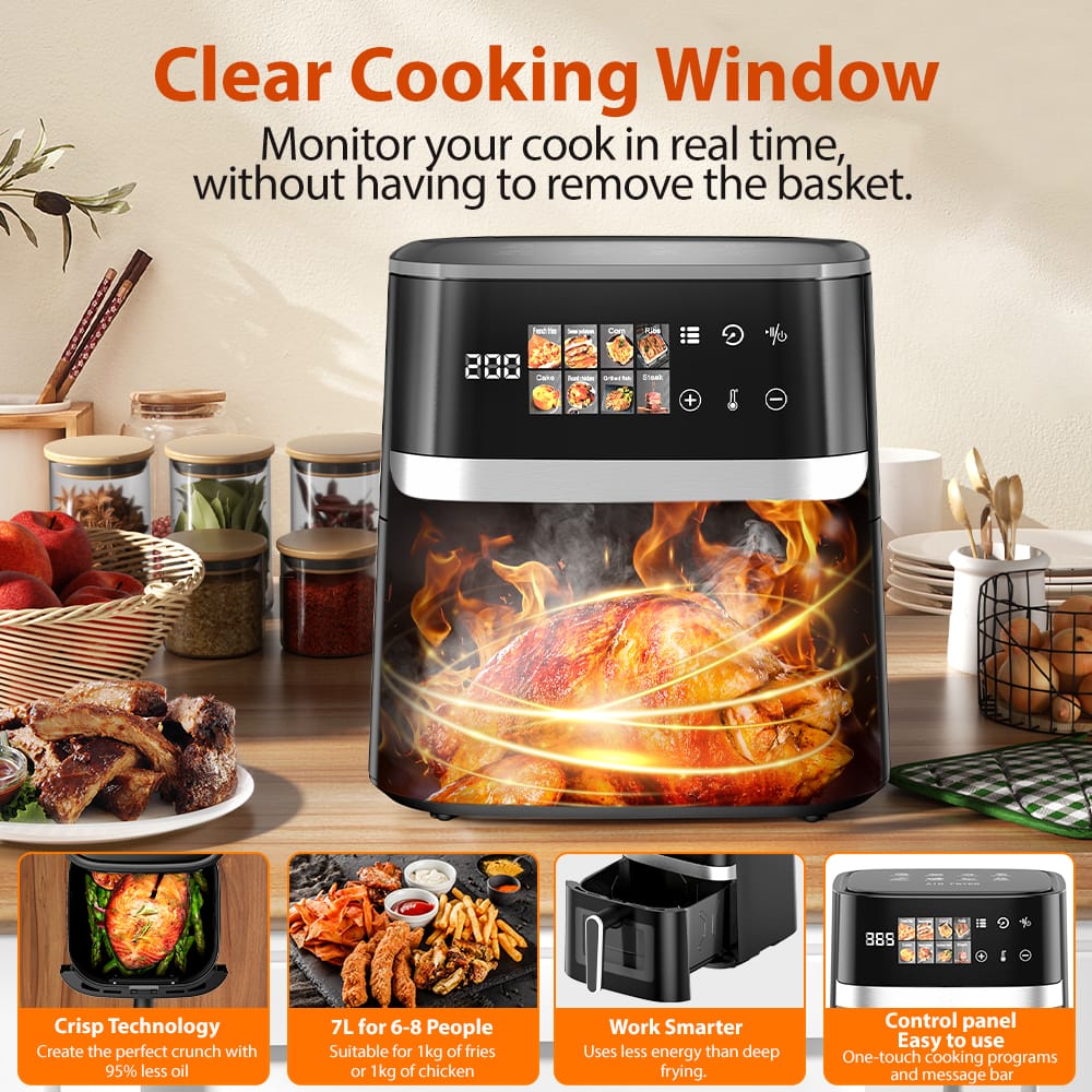 Patbrela Air Fryer Air fryer, 7L capacity, 8 programs, up to 85% less fat, cooking window, touchscreen