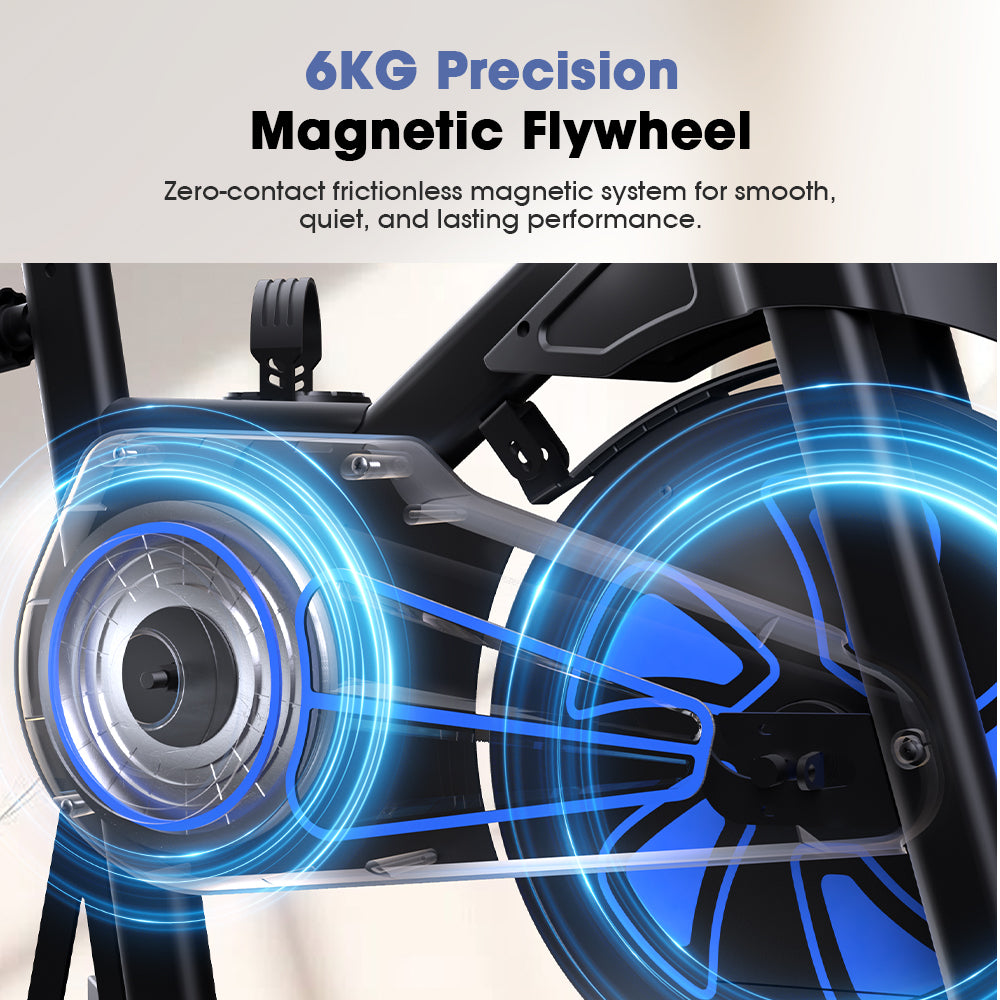 A close-up of a 6KG precision magnetic flywheel on an exercise bike QK116C , featuring a sleek, zero-contact frictionless magnetic system, highlighted by glowing blue accents, promoting smooth and quiet performance.