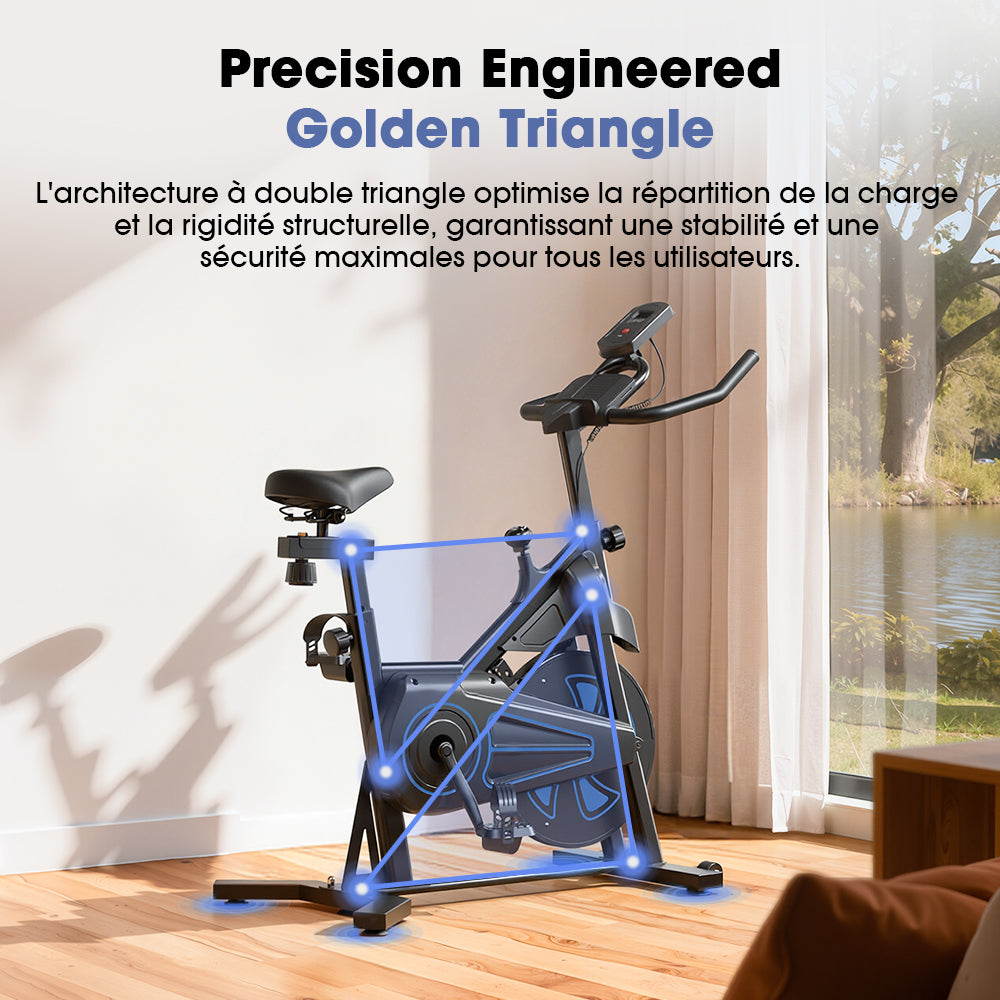 A stationary exercise bike is positioned in a sunlit room with a large window overlooking a serene outdoor scene. The bike features a highlighted "Golden Triangle" design, emphasizing its structural stability.
