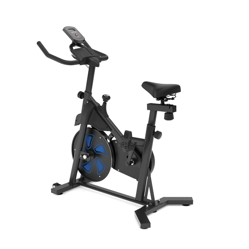 A sleek black exercise bike with a digital display on the handlebars and a blue-accented flywheel, set against a plain white background.