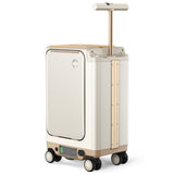 A white carry-on suitcase with gold accents, featuring a telescoping handle and four wheels. The suitcase has a textured front and a digital display at the base.