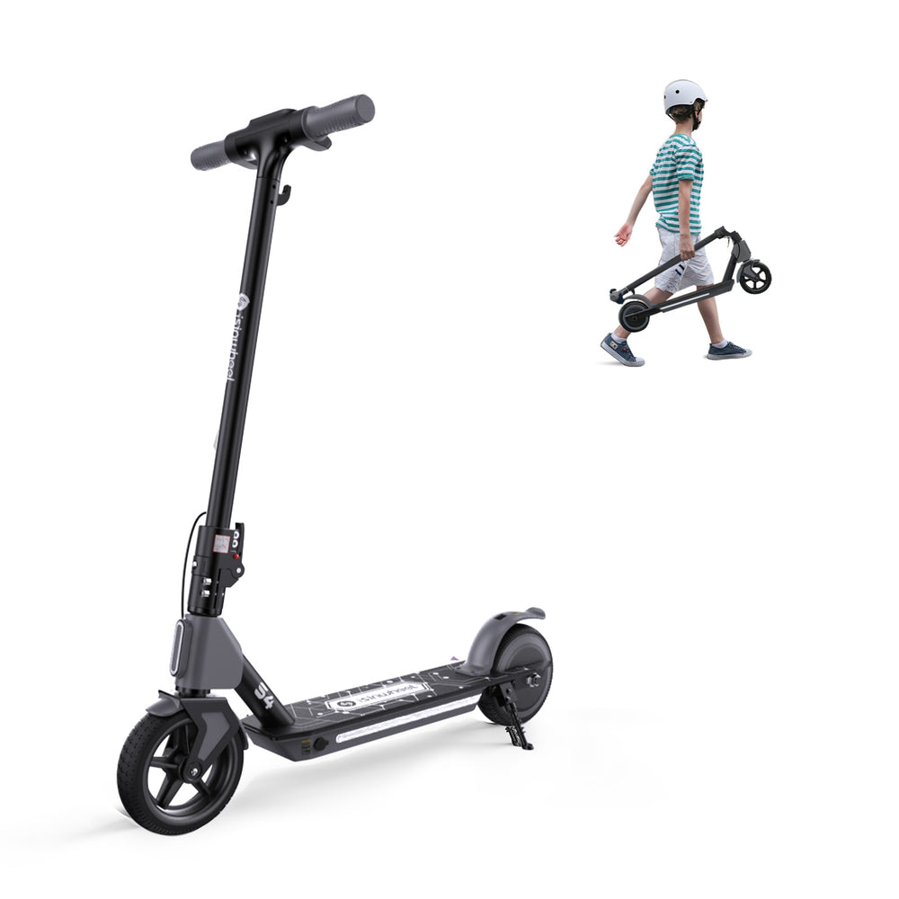 A sleek black electric scooter S4 stands upright, featuring a modern design with a sturdy frame and visible branding. In the background, a child wearing a helmet and striped shirt walks while carrying a folded version of the scooter, showcasing its portability.