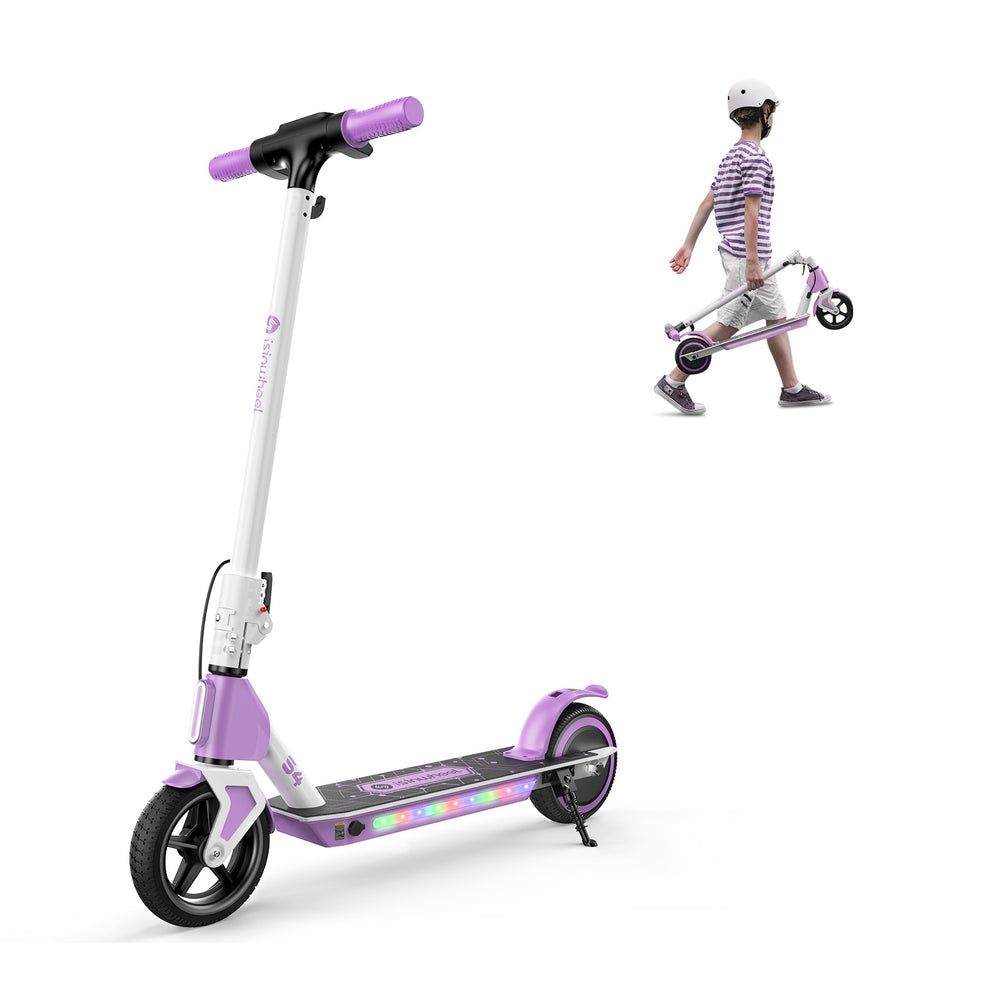 A purple and white electric scooter S4 with LED lights on the deck stands upright, while a child wearing a helmet walks beside it, carrying the folded scooter by its stem.