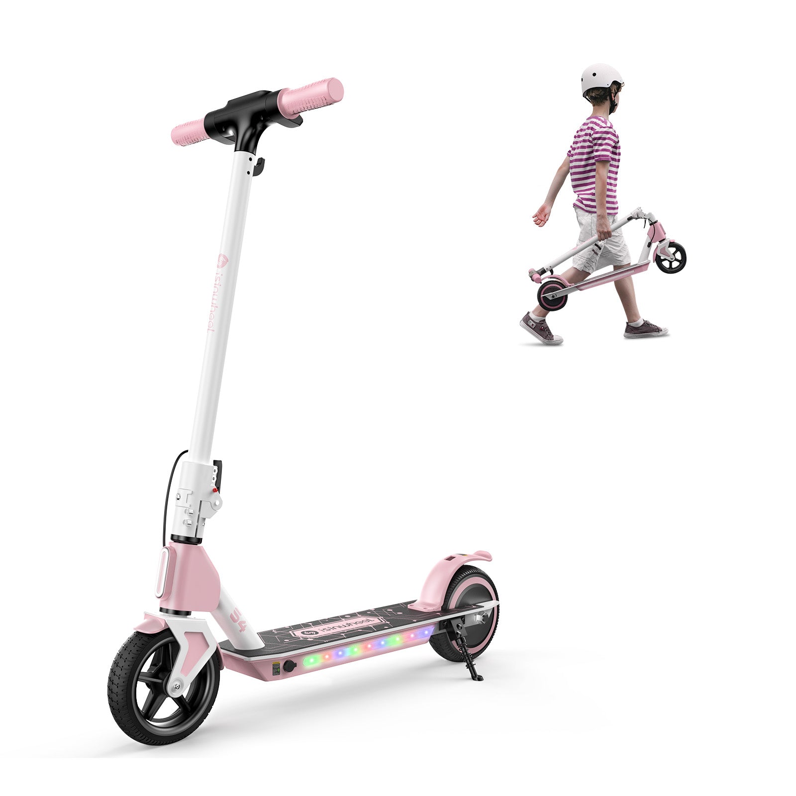 A pink and white electric scooter S4 with colorful LED lights on the base is displayed prominently. In the background, a child wearing a helmet and striped shirt is seen walking while carrying the folded scooter.