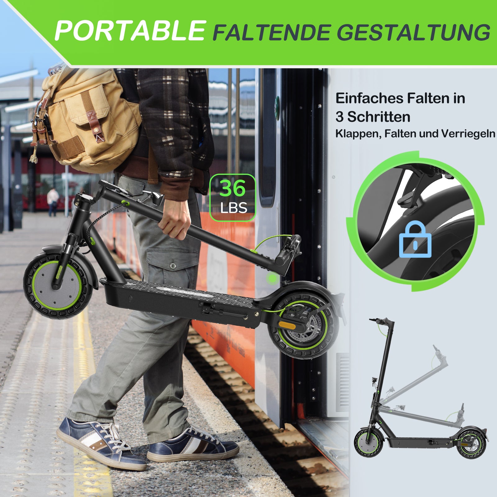 Person holding a folded scooter.