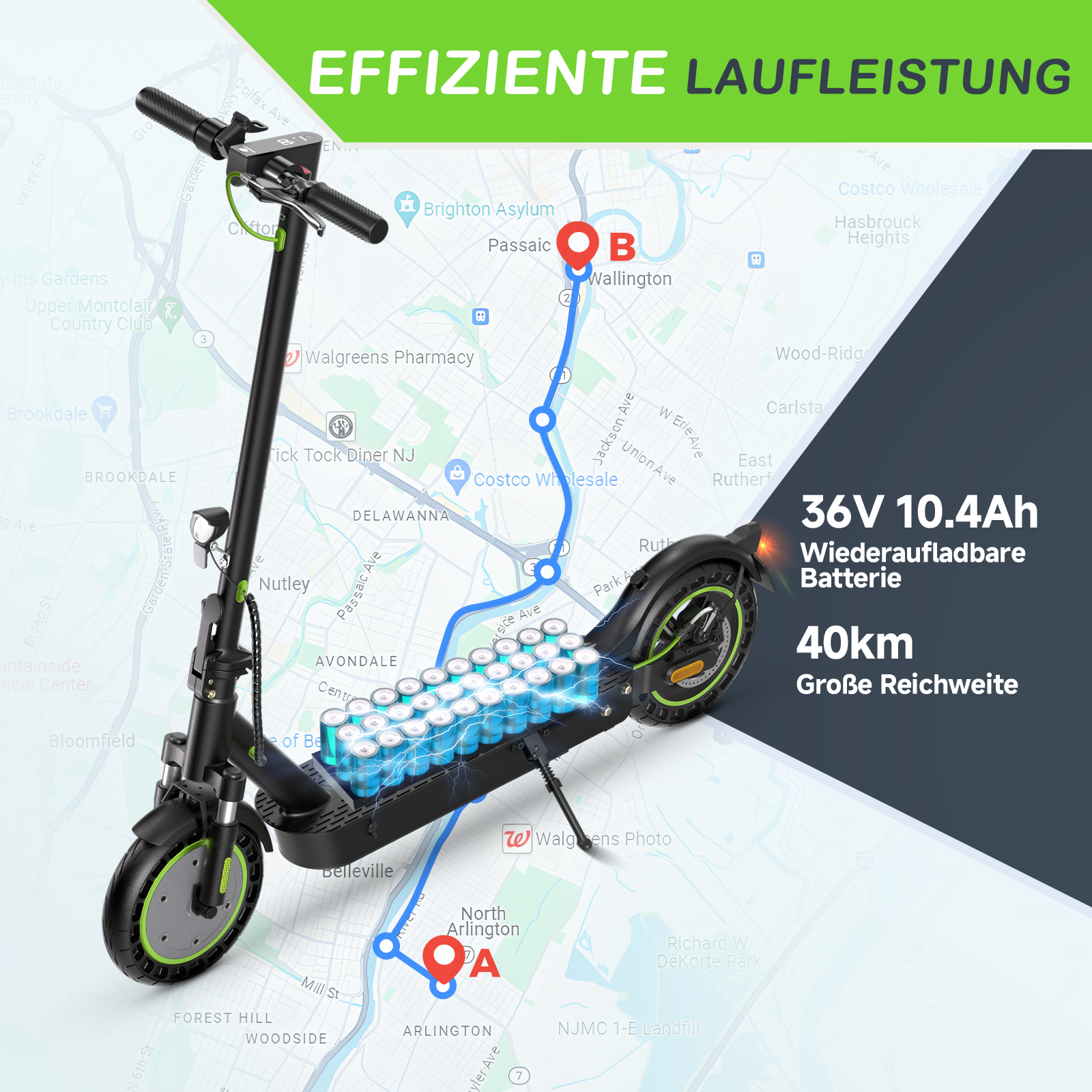 Electric scooter with battery display on a map background, featuring text about battery capacity and range.