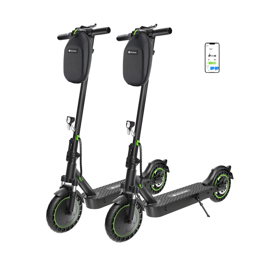 Two black electric scooters with green accents on a white background, featuring an app icon.