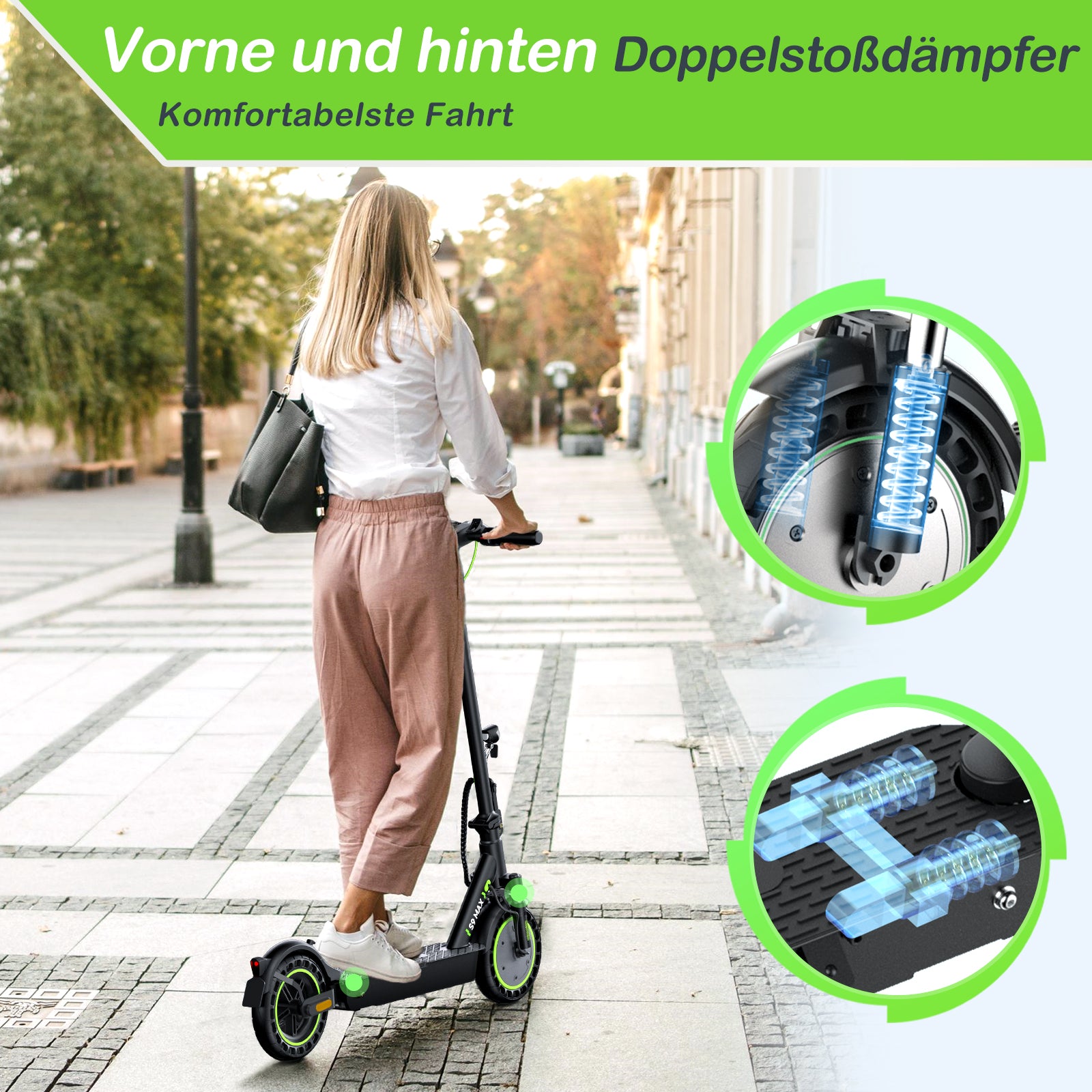 Woman pushing an electric scooter with close-up details on suspension components.