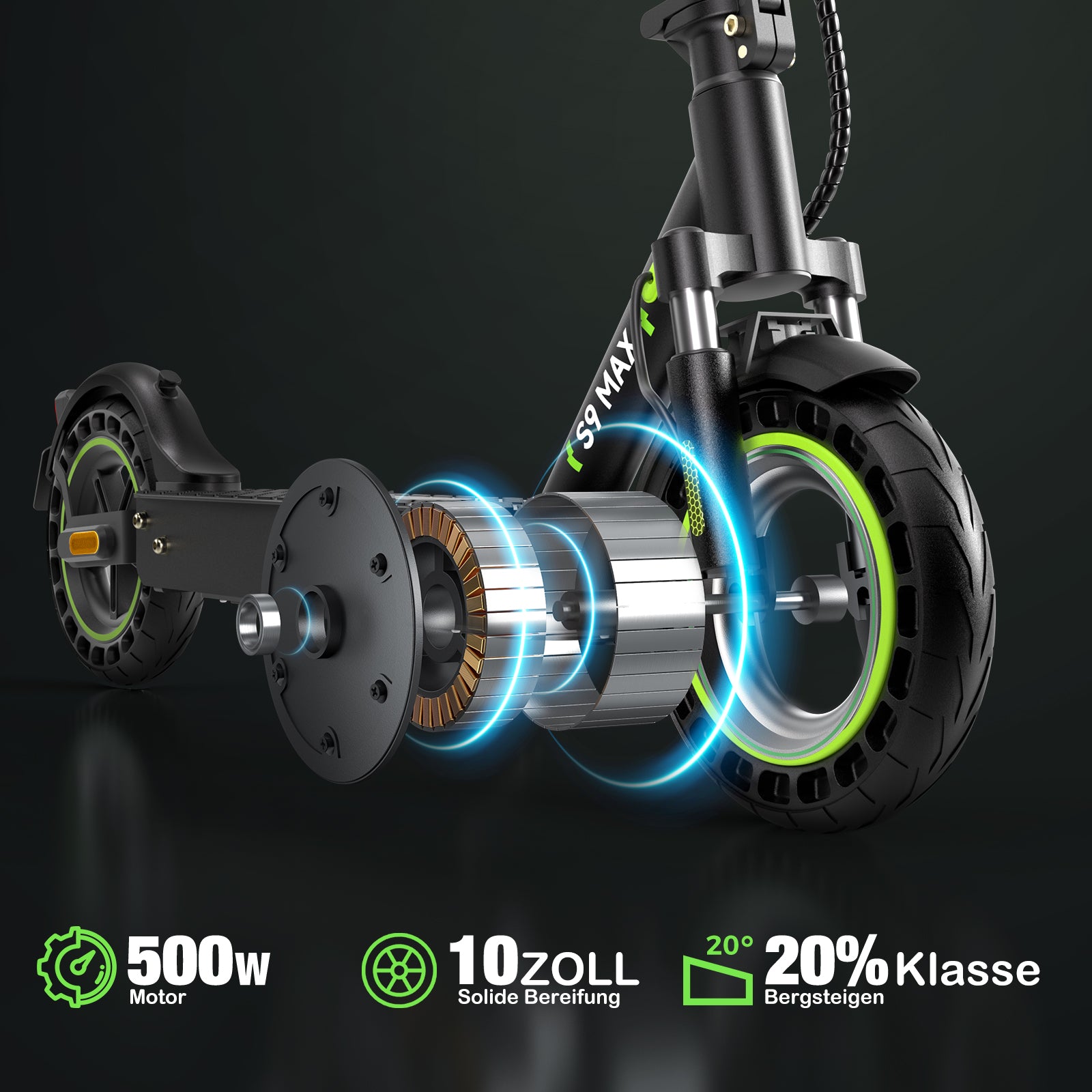 Close-up of an electric scooter's motor and wheel on a black background