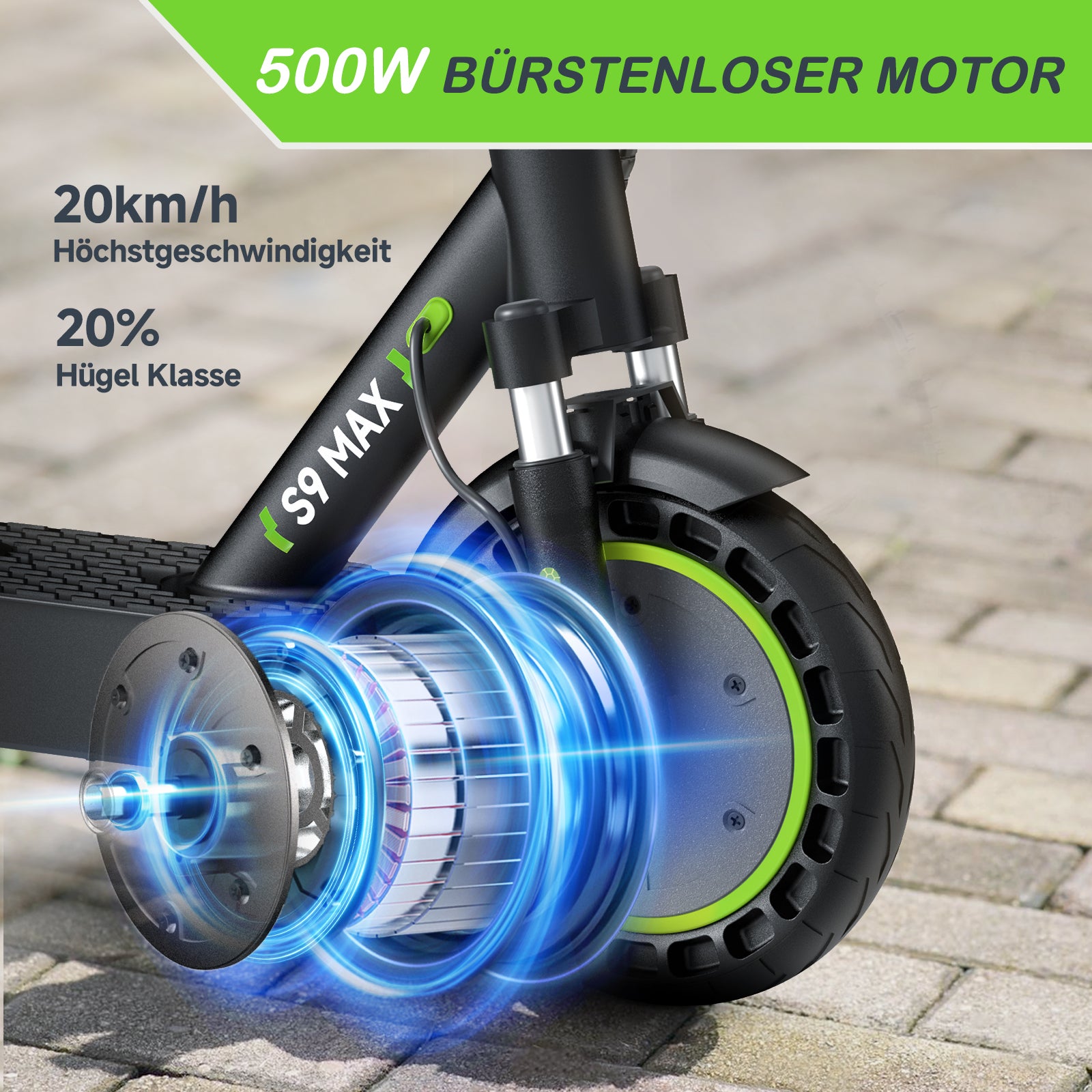 Close-up of an electric scooter's wheel with technical specifications on a blurred pavement background