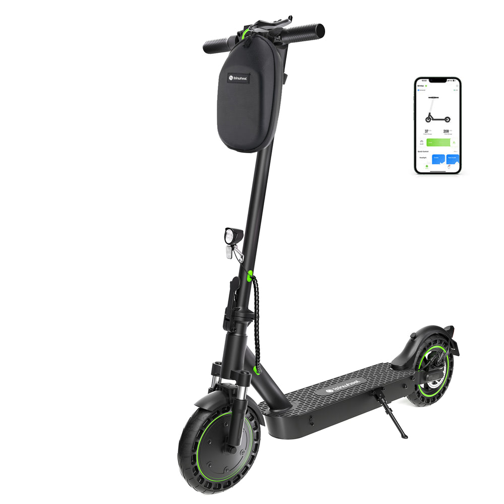 Black electric scooter with green accents on a white background