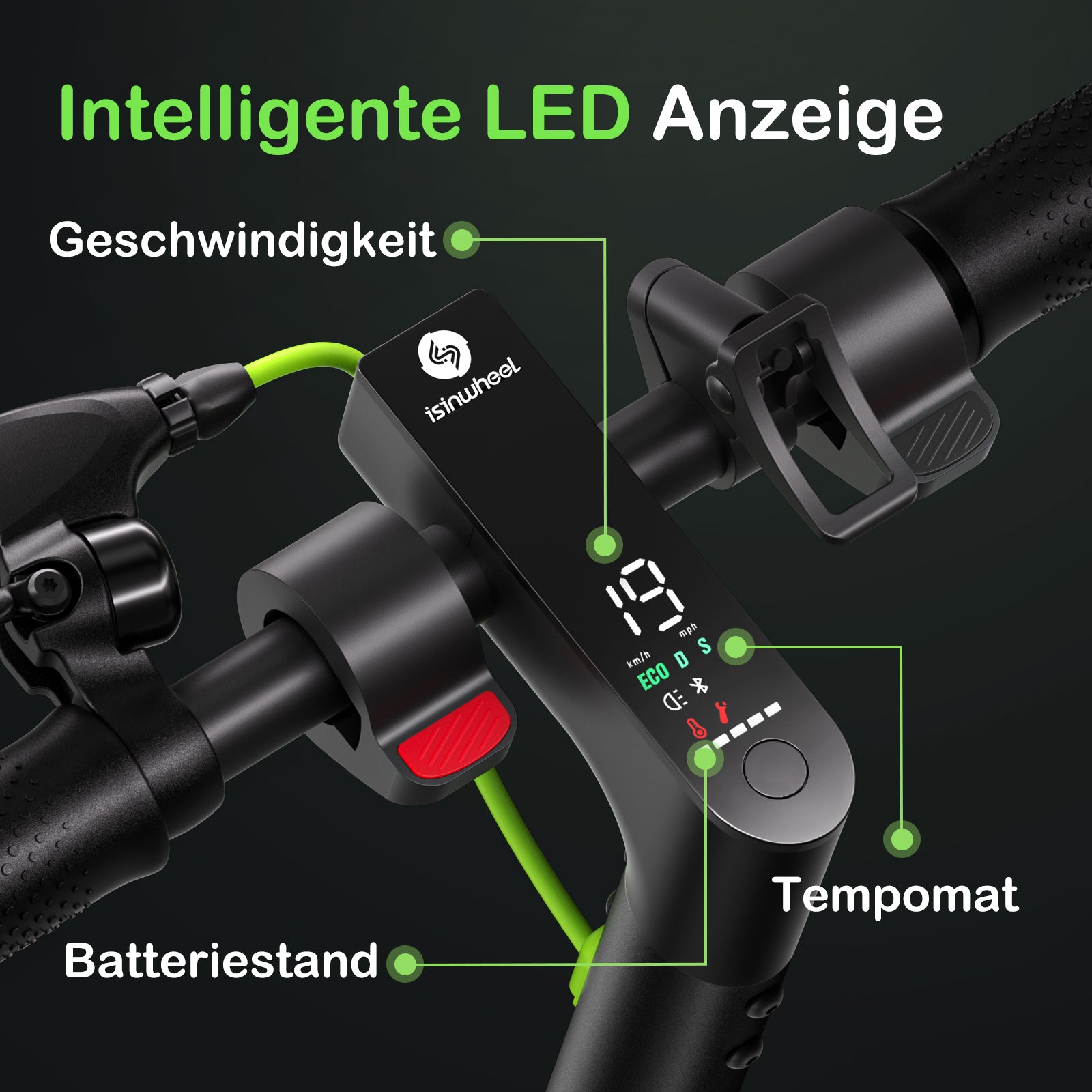 Close-up of a bicycle handlebar with an intelligent LED display showing various indicators.