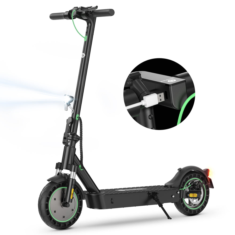 Black electric scooter with close-up of USB port on a white background