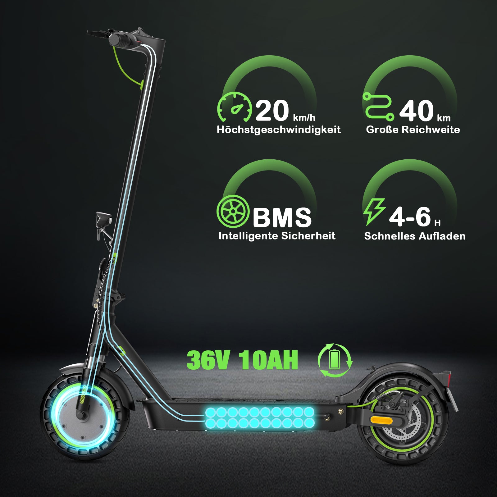 Electric scooter with specifications on a dark background