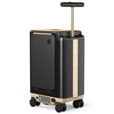 A sleek black and gold luggage suitcase on wheels, featuring a retractable handle and a striped design. The front includes a green button and a compartment top for easy access.