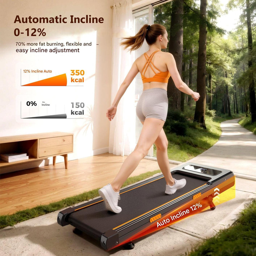 A woman exercises on a treadmill with an automatic incline feature inside a bright room with a large window showing a forest path. She wears an orange sports top and gray shorts, highlighting her active movement. The treadmill displays "Auto Incline 12%," emphasizing its adjustable incline capability.