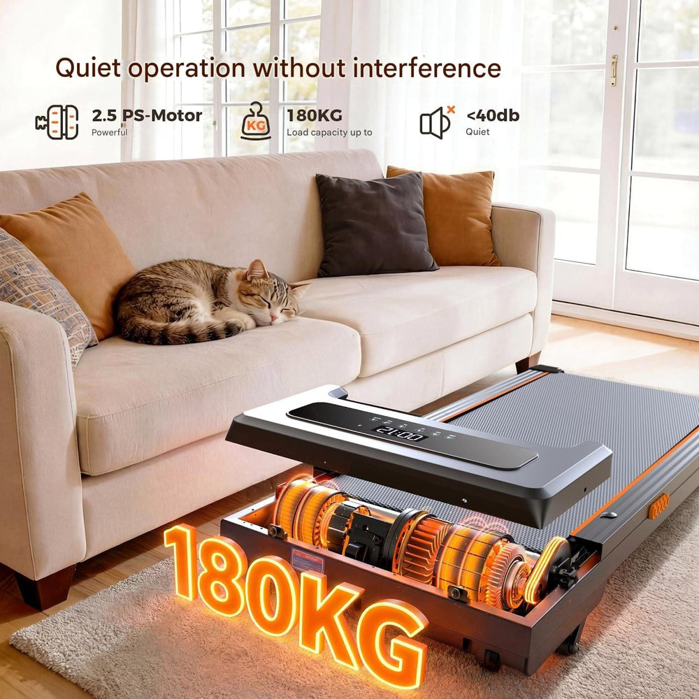 A cat sleeps peacefully on a beige sofa next to a quiet treadmill with an exposed motor, highlighted by glowing "180KG" text, in a bright living room.