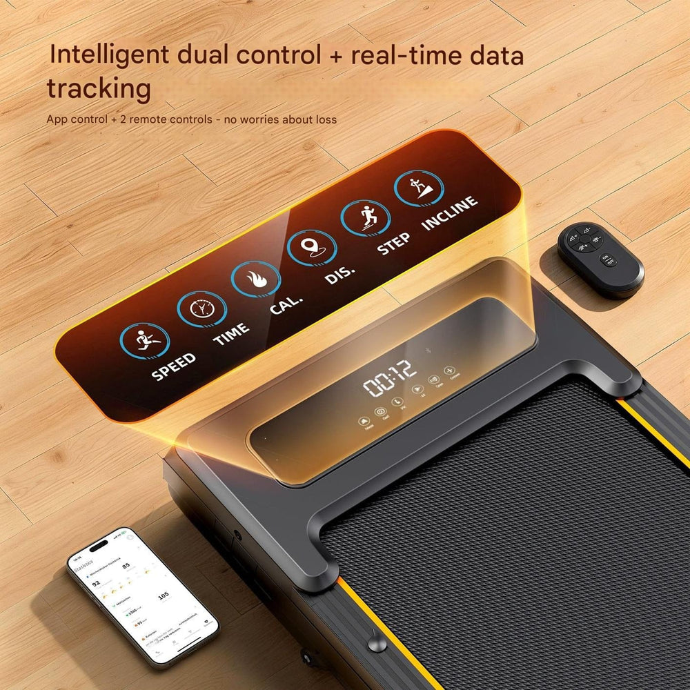 A sleek treadmill with a digital display shows various workout metrics like speed, time, calories, distance, steps, and incline. A smartphone and remote control are placed nearby on a wooden floor, highlighting its intelligent dual control and real-time data tracking features.