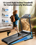 A person with a backpack walks on a treadmill JT61 in a living room, with a scenic forest path displayed on the screen. The treadmill features a 15-level auto incline, showcasing modes like road, hill climb, and mountain climbing with varying incline percentages.