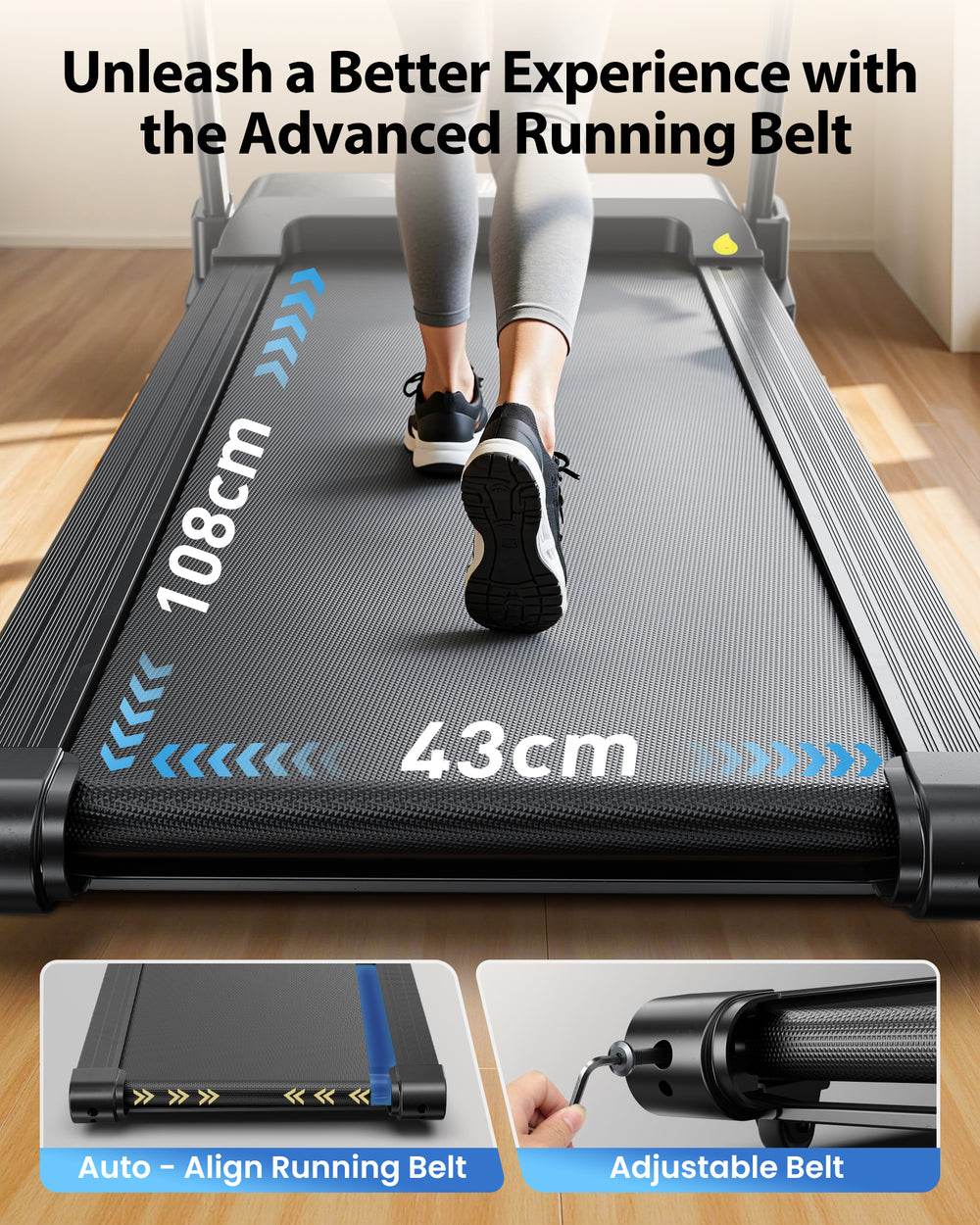 A person in athletic shoes runs on a treadmill with a wide, advanced running belt measuring 108 cm by 43 cm, set in a bright room with wooden flooring. The image highlights features like an auto-align running belt and adjustable belt tension.