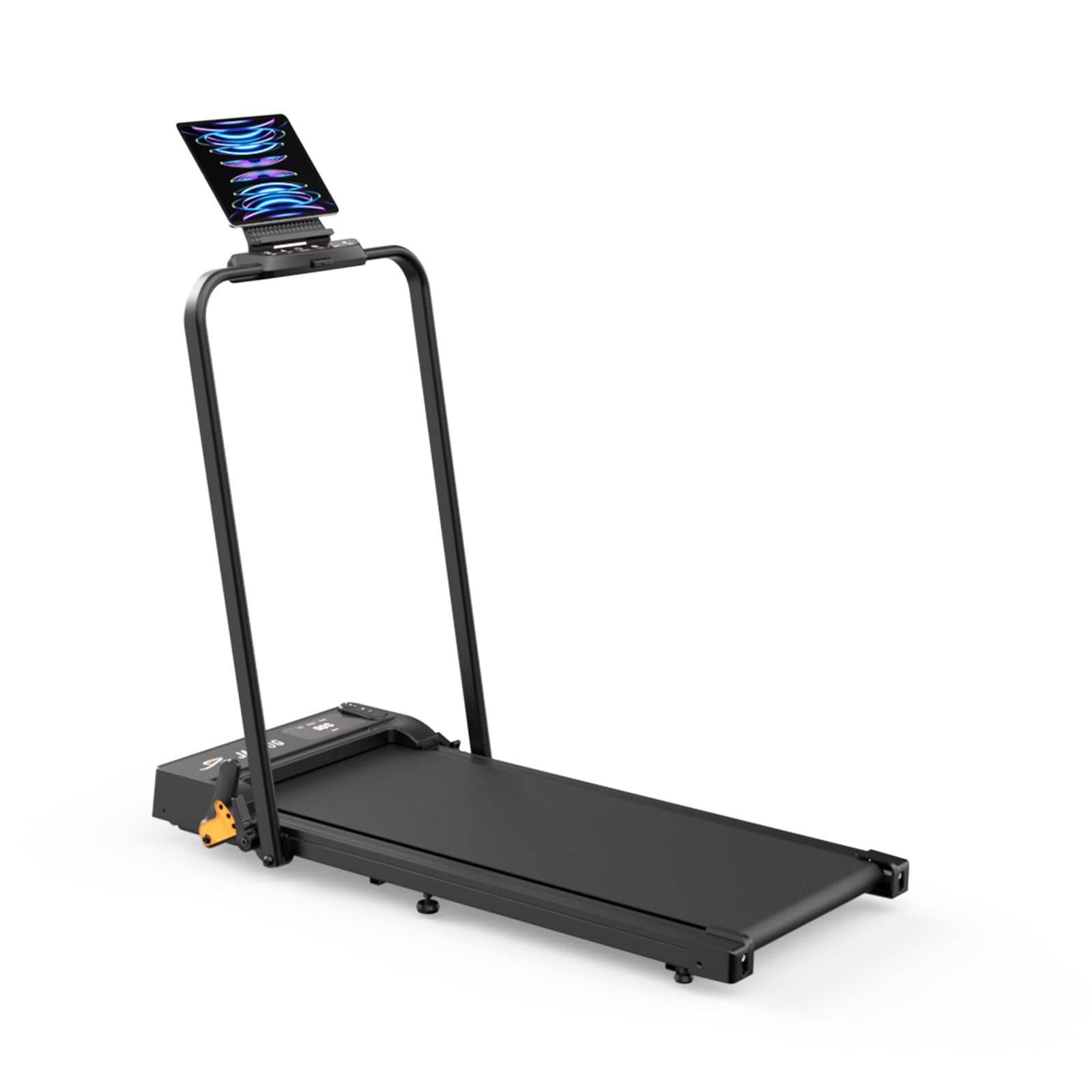 A sleek black treadmill with a simple design features an attached tablet displaying colorful patterns, set against a plain white background.