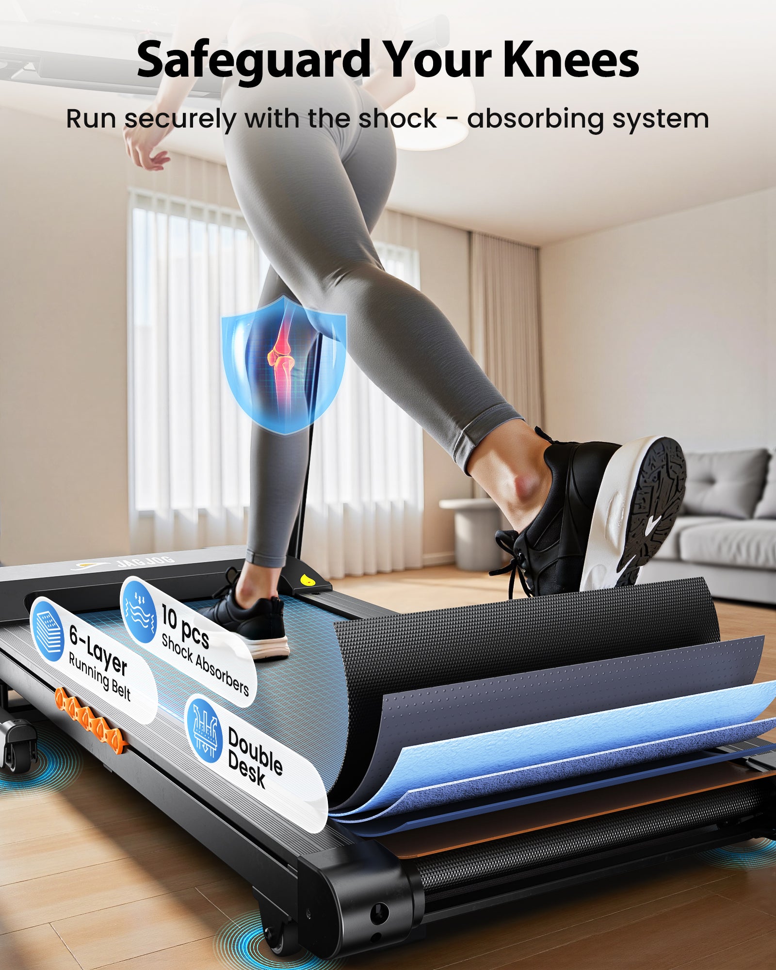 A person runs on a treadmill JT61 in a bright room, highlighting a knee protection feature with a shield graphic. The treadmill showcases its 6-layer running belt and 10-piece shock absorbers, emphasizing comfort and safety.