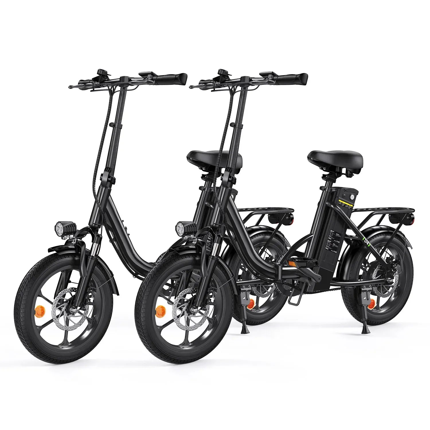 Two black electric bicycles on a white background